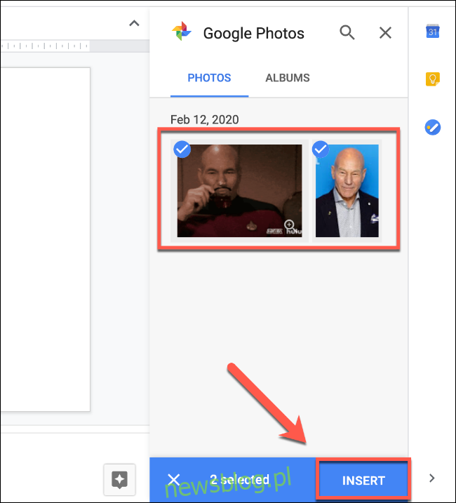Wybierz obrazy za pomocą menu Zdjęcia Google, a następnie kliknij przycisk Wstaw, aby wstawić je do Prezentacji Google