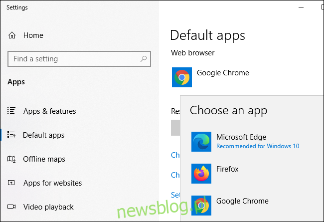 Aplikacja Ustawienia systemu Windows 10 zalecająca nową przeglądarkę Microsoft Edge w przeglądarce Firefox i Google Chrome