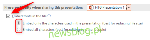 Wybierz opcję osadzania czcionek w opcji pliku PowerPoint Windows