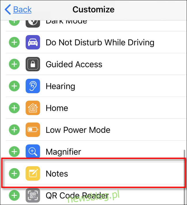 Dodawanie notatek do Control Center na iOS