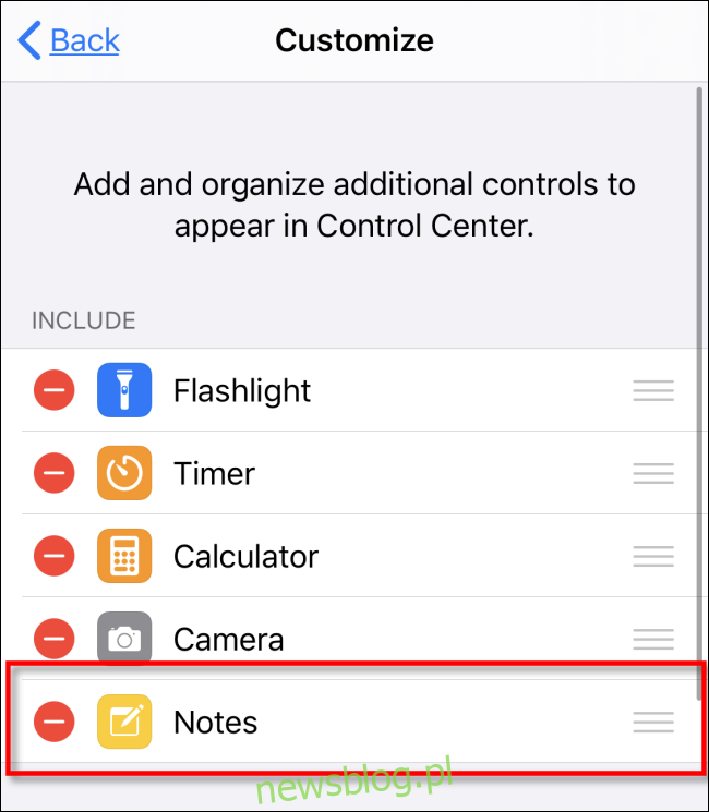 Usuwanie notatek z Control Center na iOS