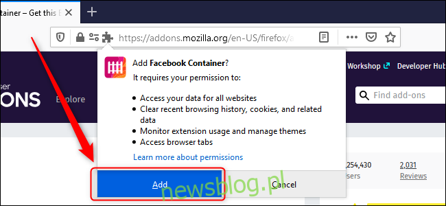 Firefox Dodaj kontener Facebooka