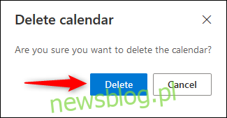Potwierdzenie usunięcia kalendarza Outlook Online.