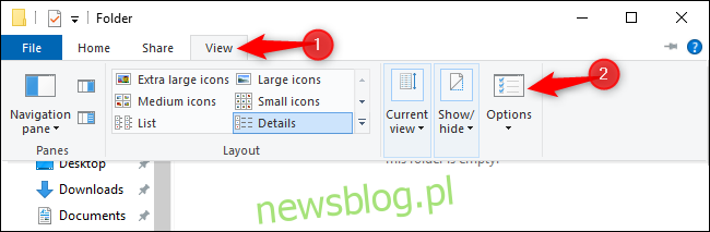 Otwieranie okna Opcje folderów z Eksploratora plików w systemie Windows 10