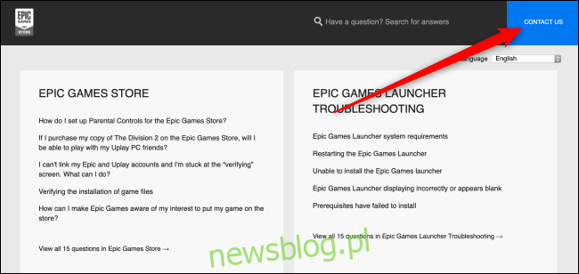 Strona pomocy sklepu Epic Games