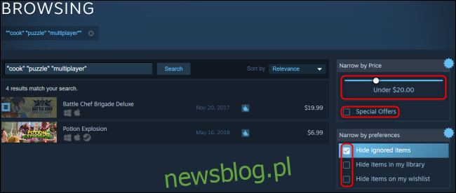 Cena i preferencje wyszukiwania Steam