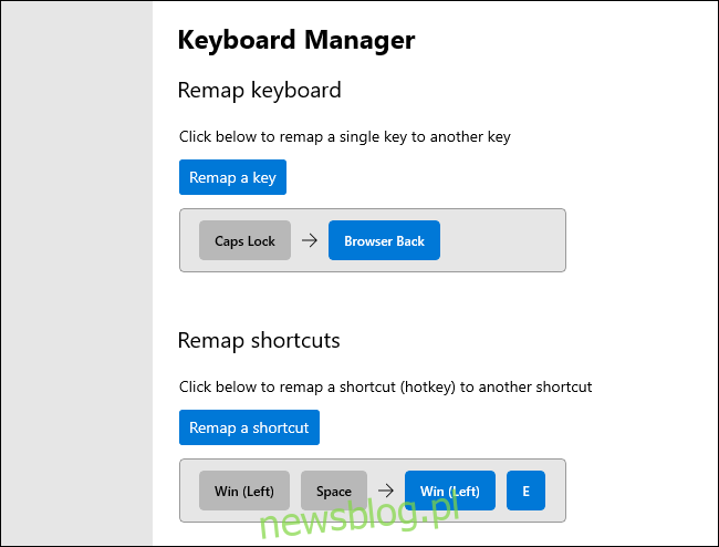 Zmiana przypisania klawiszy i skrótów klawiaturowych w programie Keyboard Manager PowerToy.