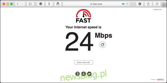 Test szybkości internetu na stronie Fast.com.