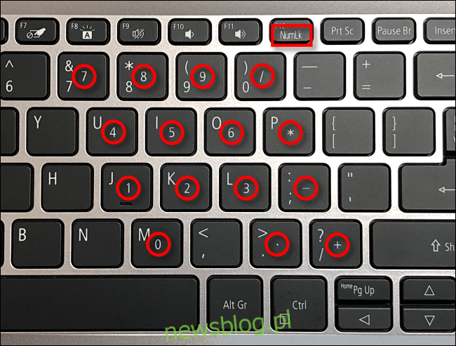 Przykład klawiszy num lock na klawiaturze laptopa