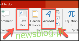 Kliknij przycisk Pole tekstowe lub WordArt, aby wstawić dowolny obiekt do prezentacji PowerPoint