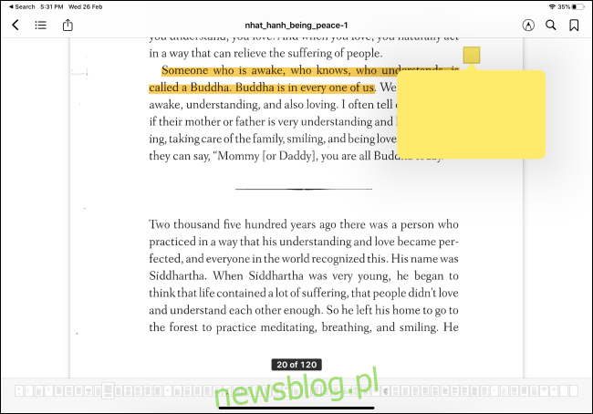 Aplikacja Apple Books z podświetleniem i funkcją notatek
