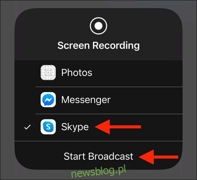 Wybierz Skype, a następnie naciśnij przycisk Rozpocznij transmisję