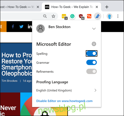 Karta ustawień rozszerzenia Microsoft Editor dla Chrome