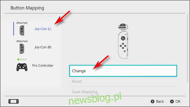 Wybierz kontroler, aby zmienić mapowanie na Nintendo Switch