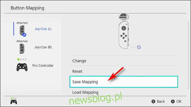 Wybierz opcję Zapisz mapowanie na Nintendo Switch