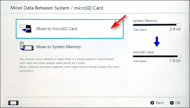 Wybierz opcję przenieś na kartę microSD na Nintendo Switch