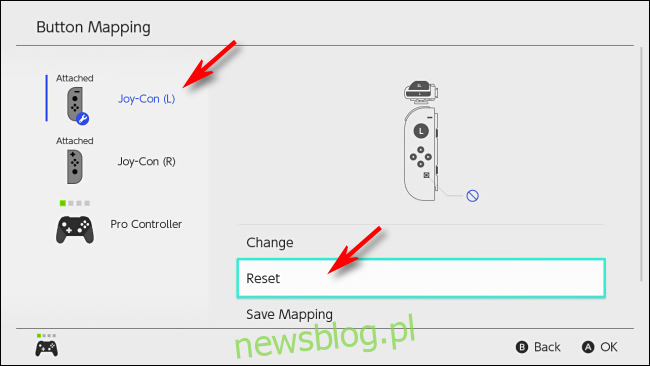 Wybierz Resetuj, aby zresetować mapowanie przycisków na Nintendo Switch
