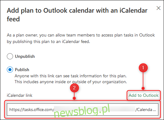 Opcje dodawania planera do kalendarza lub kopiowania łącza do iCalendar.