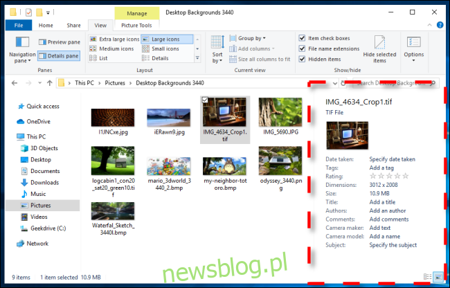Przykład okienka szczegółów w Eksploratorze plików systemu Windows 10