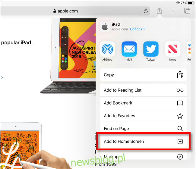 Stuknij opcję Dodaj do ekranu głównego w Safari na iPadzie