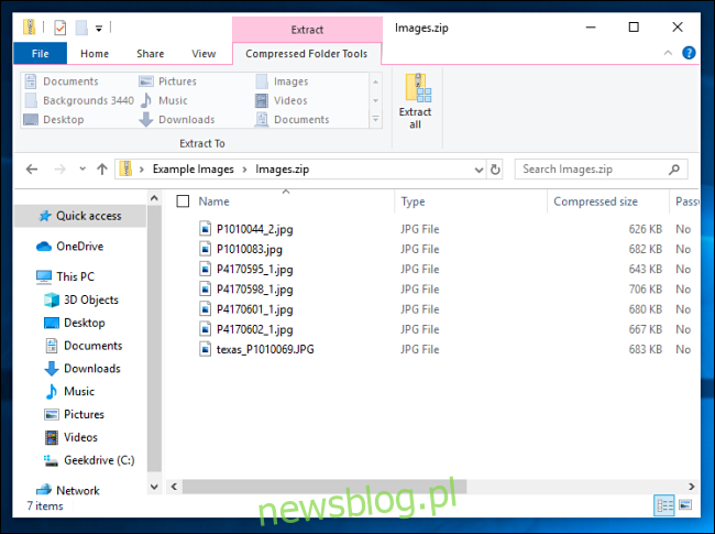 Lista skompresowanych plików w systemie Windows 10.