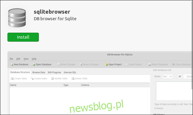Strona instalacyjna przeglądarki SQLite w aplikacji Ubuntu Software.