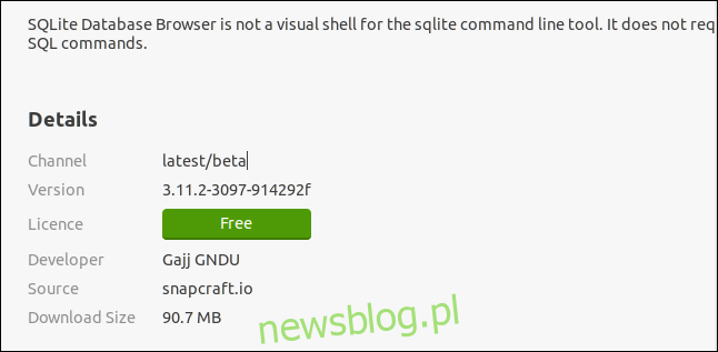 Informacje specyficzne dla Snap, związane z SQLITebrowser w aplikacji Ubuntu Software.