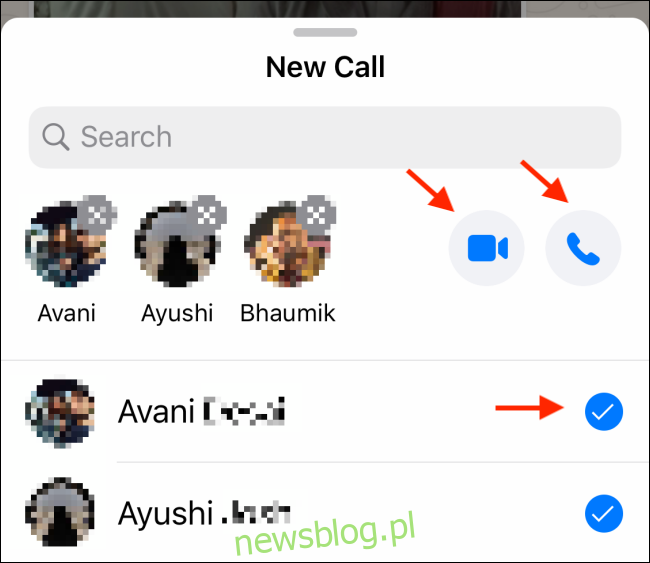 Stuknij ikonę wideo lub telefonu na czacie grupowym WhatsApp.