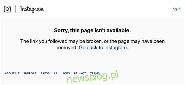 Nie znaleziono strony pokazującej Instagram dla tymczasowo wyłączonego konta Instagram