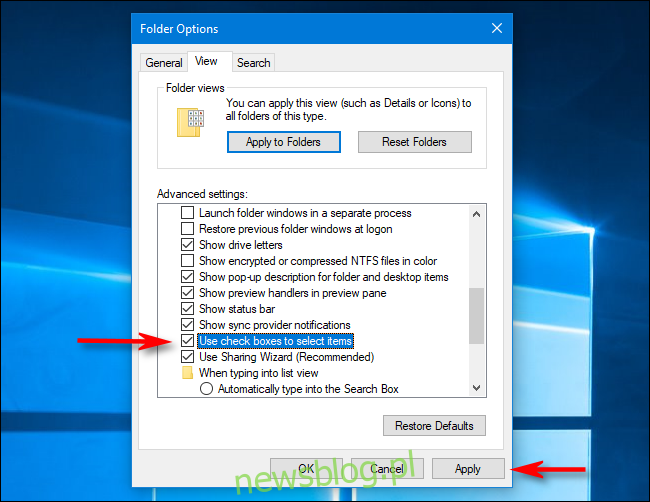 Wyłącz pola wyboru plików w Opcjach folderów w systemie Windows 10