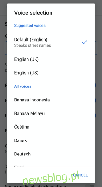 Wybierz nowy głos w menu wyboru głosu w Mapach Google
