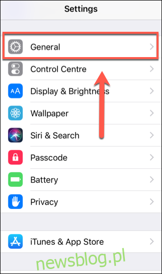 Dotknij opcji Ogólne w menu ustawień iOS