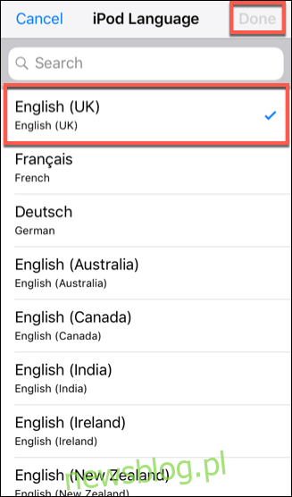 Wybierz język iOS, a następnie naciśnij Gotowe, aby go potwierdzić.