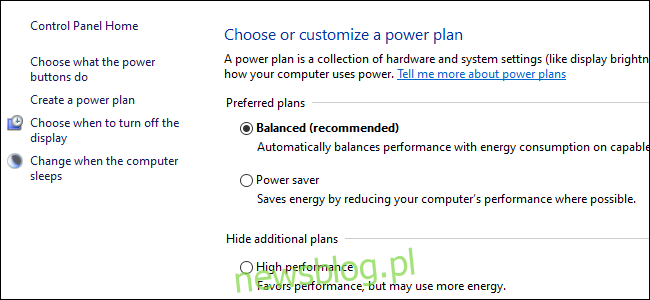 Trzy przyciski opcji wyświetlające opcje planu zasilania w Panelu sterowania systemu Windows 10