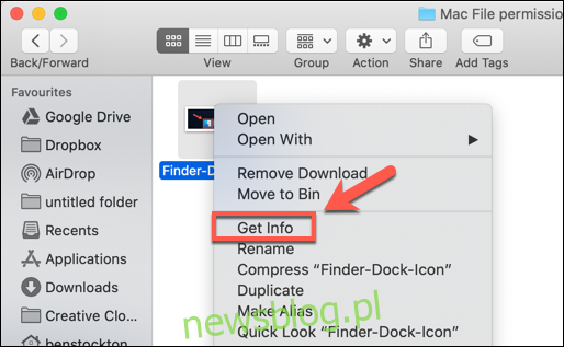 Kliknij plik prawym przyciskiem myszy i naciśnij Uzyskaj informacje, aby uzyskać dostęp do uprawnień do plików w systemie macOS