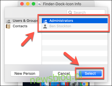 Wybierz użytkownika lub grupę użytkowników, a następnie naciśnij Wybierz, aby dodać tego użytkownika lub grupę do listy uprawnień do plików w systemie macOS