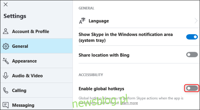 Skype Wyłącz globalne skróty klawiszowe