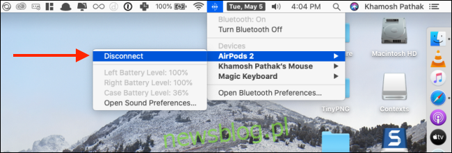 Kliknij Odłącz, aby z menu Bluetooth AirPods na komputerze Mac
