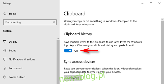 Kliknij przełącznik historii schowka w ustawieniach systemu Windows 10