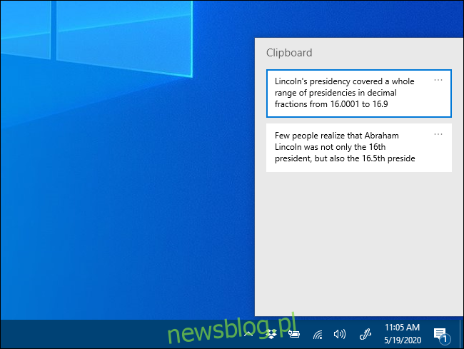 Wyskakujące okno historii schowka w systemie Windows 10