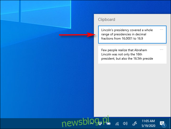 Kliknij element w historii schowka, aby wkleić go do dokumentu w systemie Windows 10