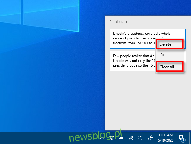 Kliknij Usuń lub Wyczyść wszystko w historii schowka, aby usunąć elementy w systemie Windows 10
