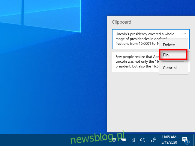Kliknij Przypnij w historii schowka w systemie Windows 10