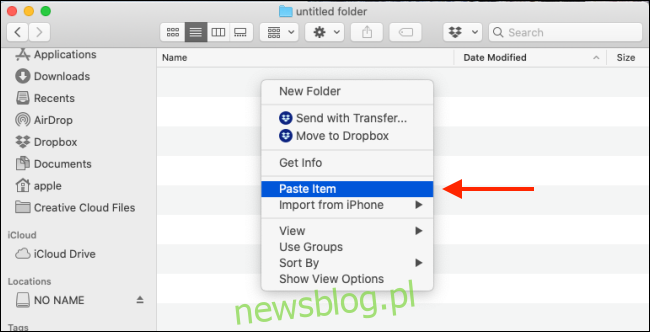 Wybierz opcję Wklej element w Finderze, aby wkleić plik na komputerze Mac