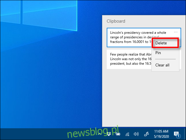 Kliknij Usuń w historii schowka w systemie Windows 10