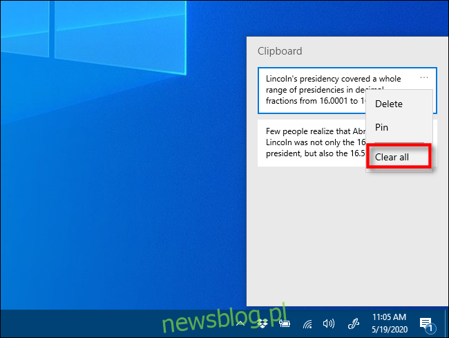 Kliknij wyczyść wszystko w historii schowka w systemie Windows 10