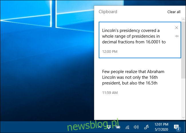 Okno historii schowka w systemie Windows 10