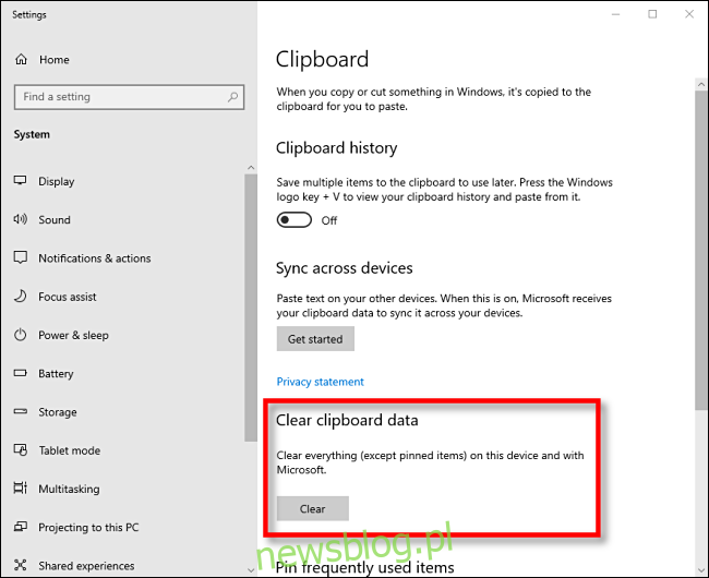 Kliknij Wyczyść, aby wyczyścić dane ze schowka w systemie Windows 10