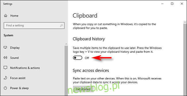 Kliknij przełącznik historii schowka w ustawieniach systemu Windows 10, aby go wyłączyć