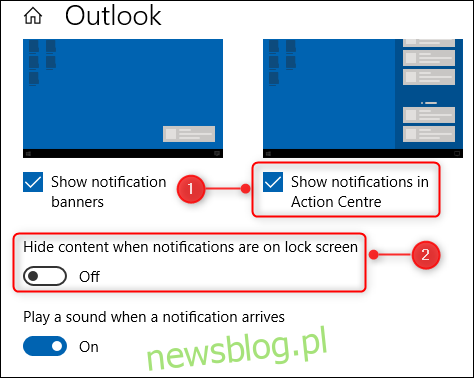 Dwie opcje w opcjach powiadomień programu Outlook.
